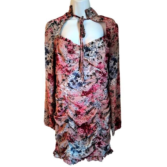 Pretty Little Thing Pink Floral Mini Dress Women's Sz 8 Long Sleeve Lined Ruched - Picture 3 of 16